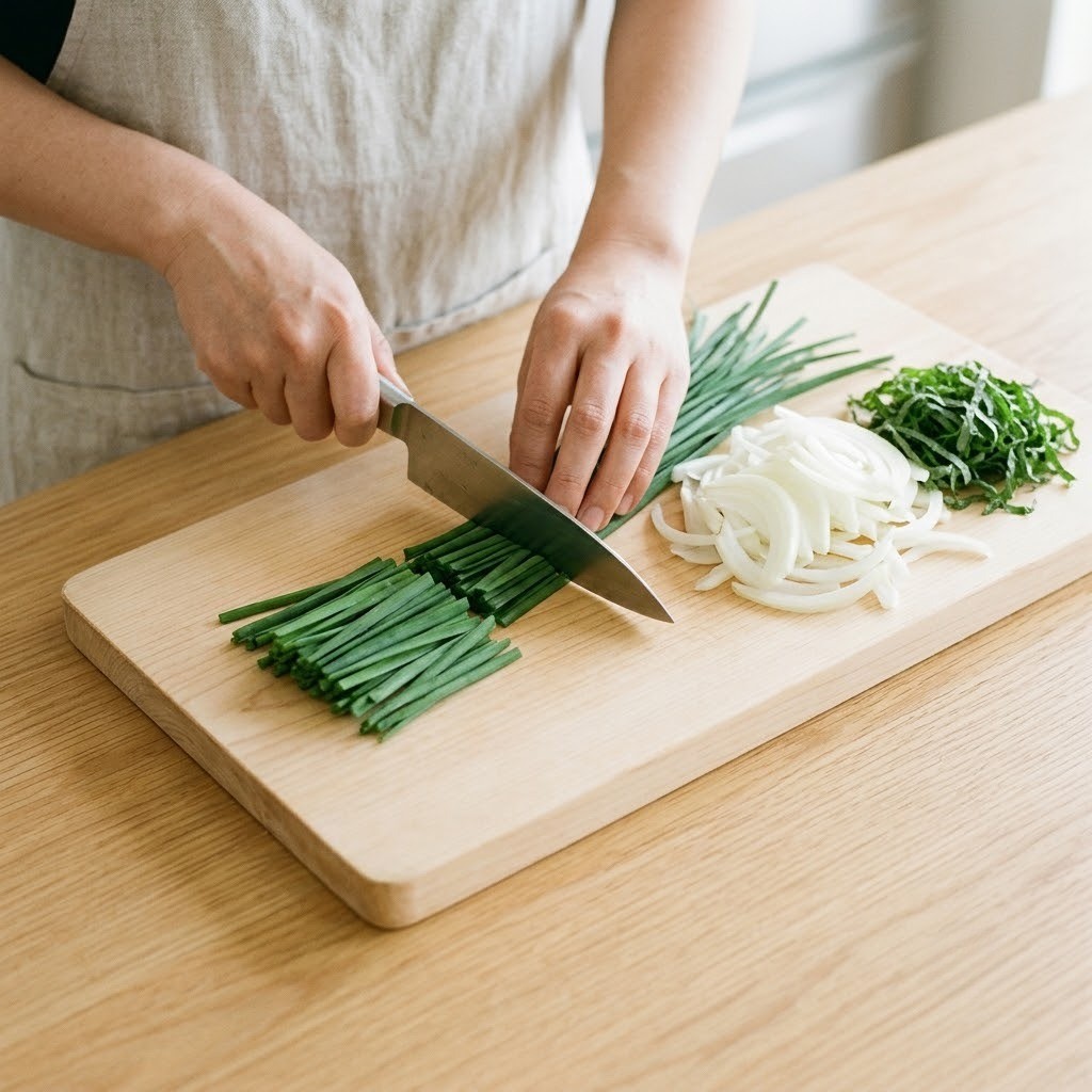 부추무침 도마 위 부추 양파 깻잎 손질 장면