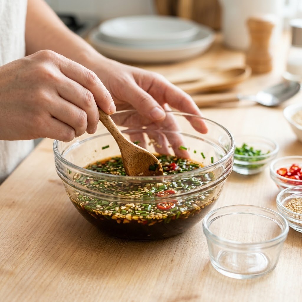 해물 솥밥 유리 볼에 맛간장과 잘게 다진 부추 홍고추를 섞어 양념장을 만드는 장면