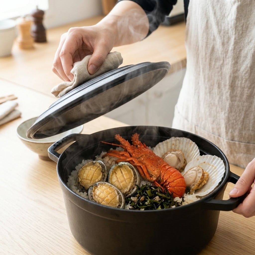 해물 솥밥 뚜껑을 열고 완성된 전복 가리비 딱새우 솥밥의 김이 피어오르는 장면