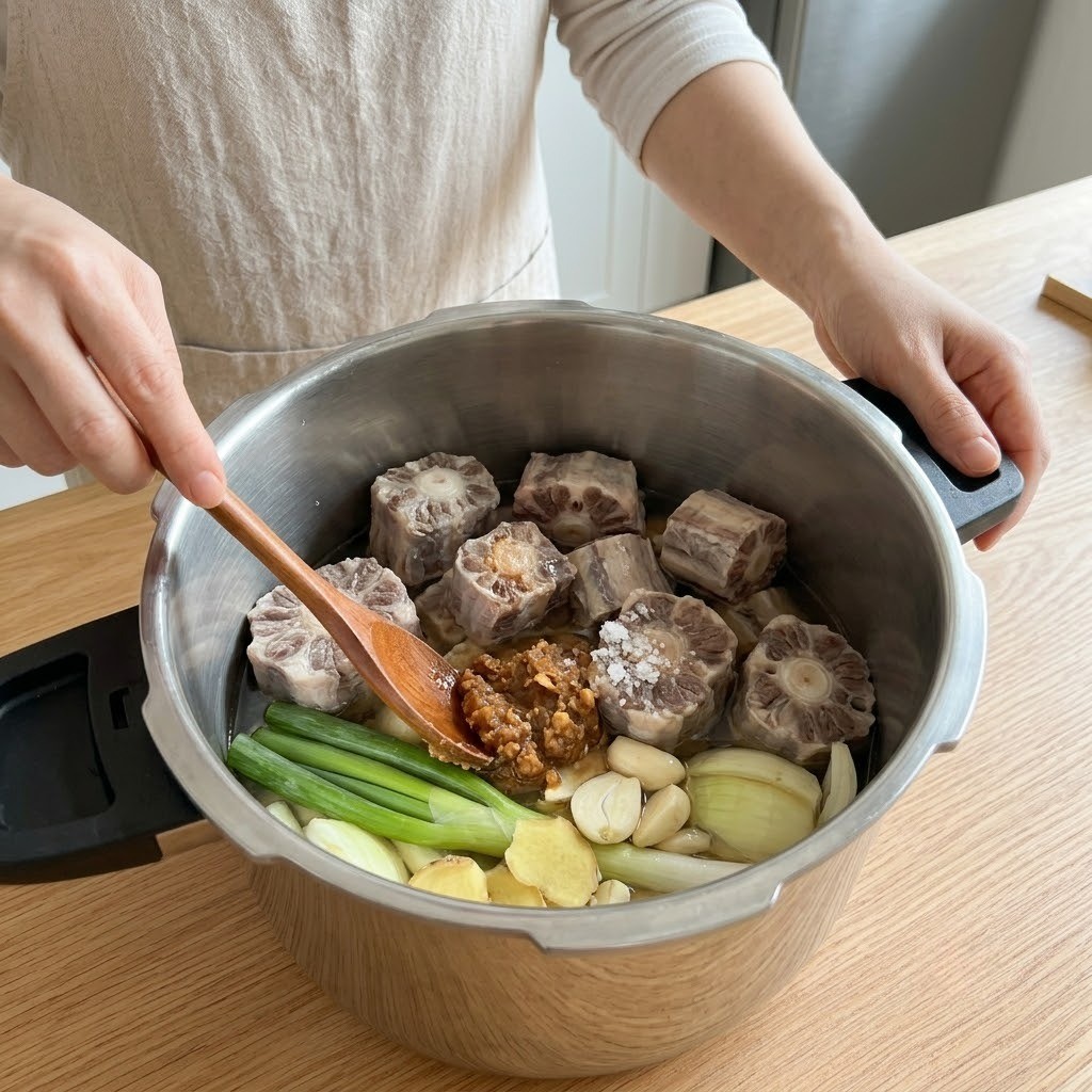 소꼬리찜 압력솥에 향신채와 된장을 넣고 삶는 과정