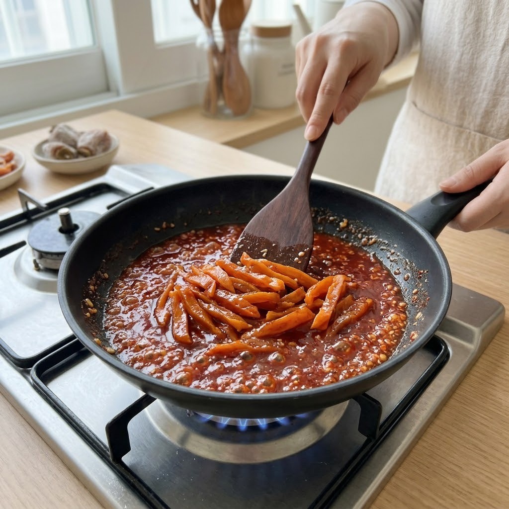양념곶감볶음 다진 마늘과 고추장 양념에 손질한 곶감을 넣고 볶는 모습