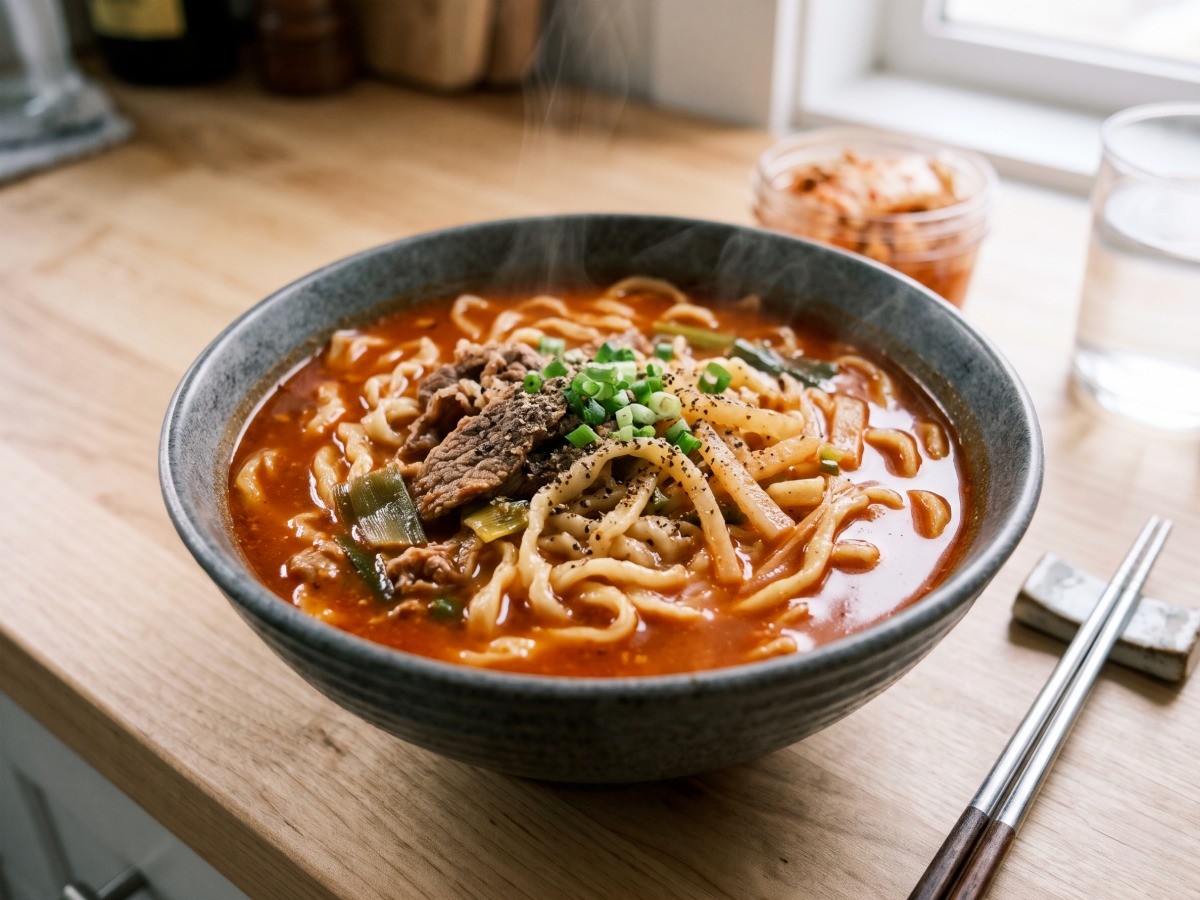 편스토랑 류수영 장칼국수 완성된 얼큰하고 걸쭉한 국물의 면요리