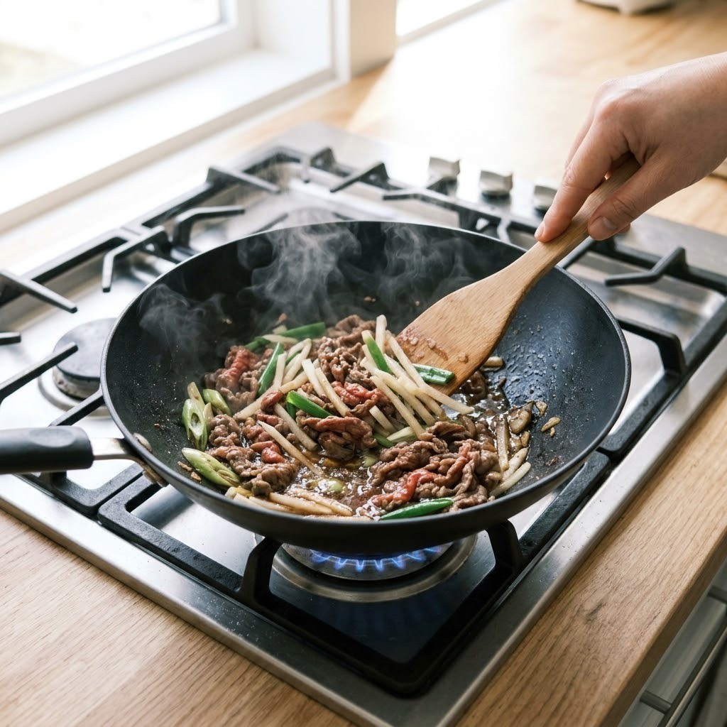 장칼국수 궁중팬에 소고기와 대파 무를 넣고 양념과 볶기