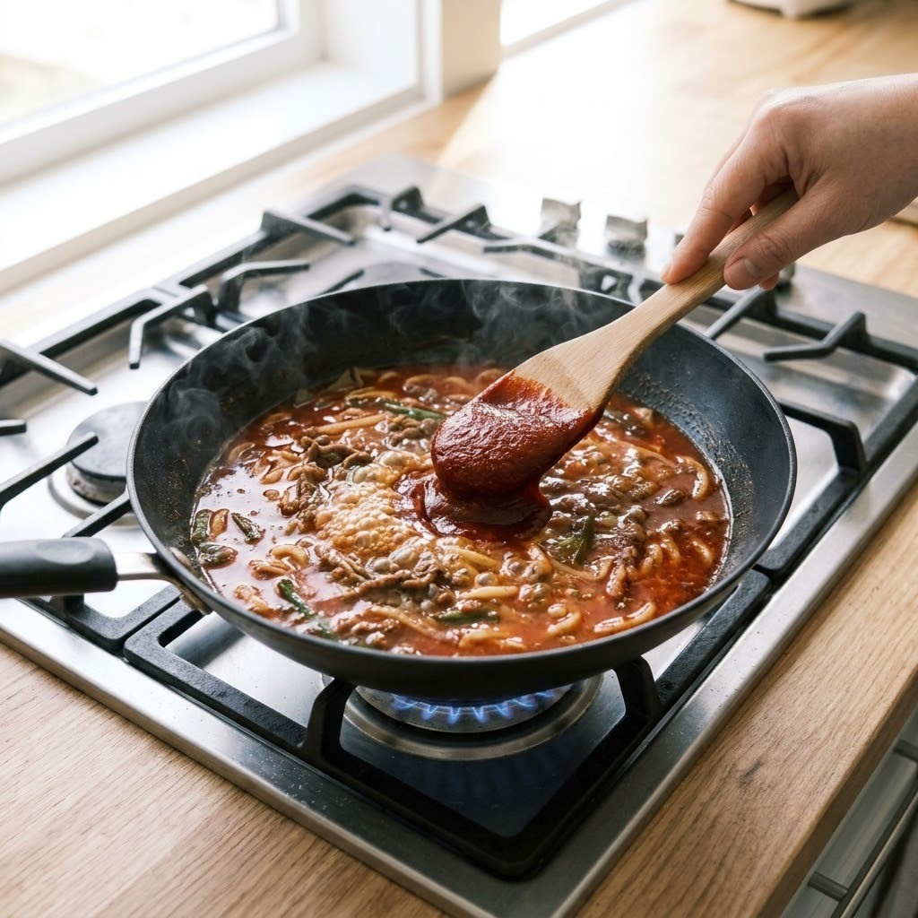 장칼국수 냄비에 물을 붓고 붉은 고추장을 풀어 끓이기