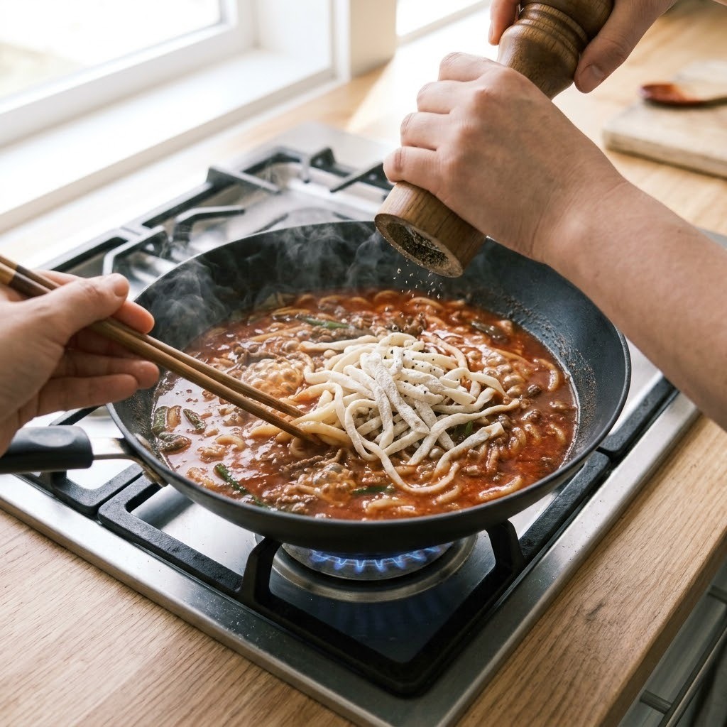 장칼국수 끓는 국물에 칼국수면을 넣고 통후추 갈기