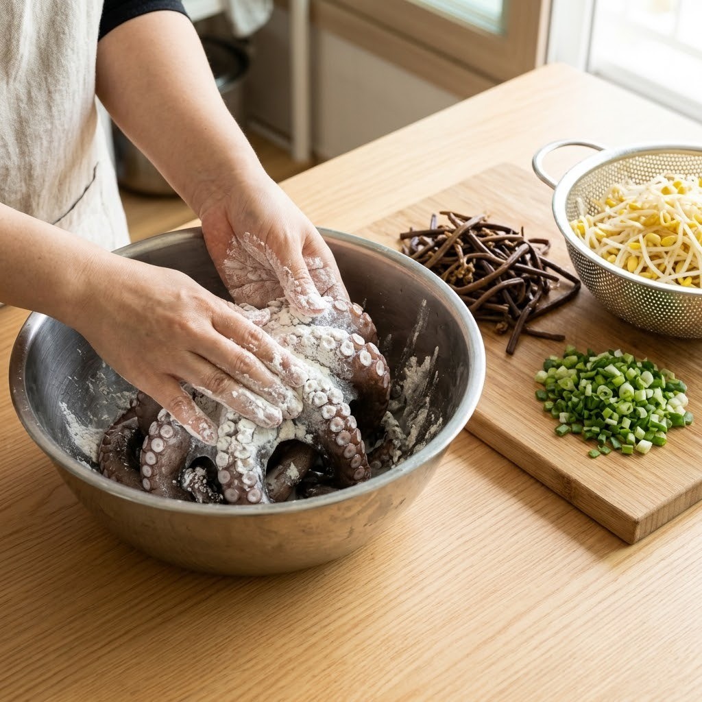 고사리 해물찜용 돌문어에 밀가루를 뿌려 점액질을 문질러 씻어내고 고사리와 콩나물을 손질한 모습