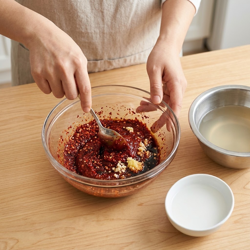 고사리 해물찜에 넣을 고춧가루와 간장 등 양념장 재료를 볼에 넣고 섞는 모습