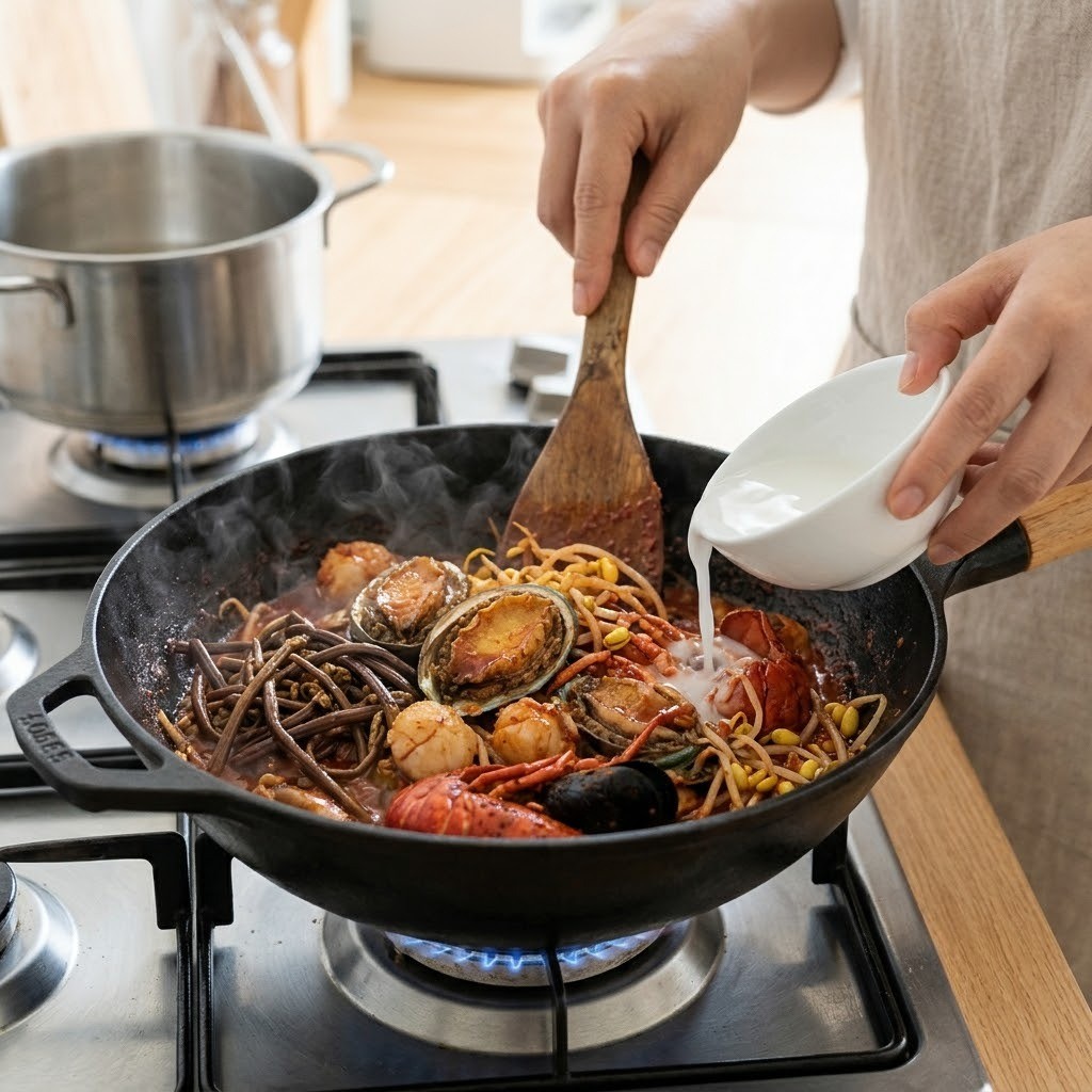 고사리 해물찜의 해산물과 고사리, 콩나물에 양념장과 전분물을 넣고 웍에서 볶아 완성하는 모습