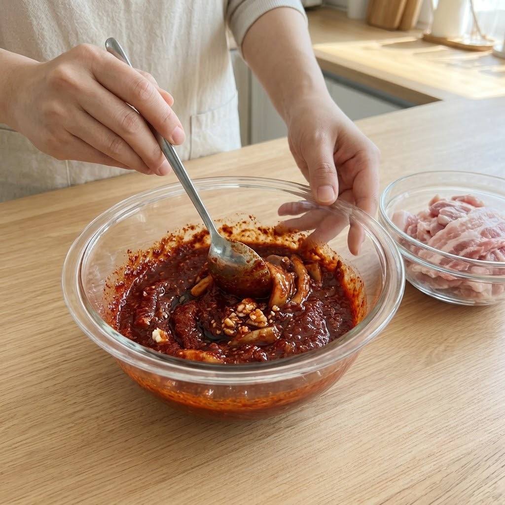 한치 오겹살 볶음 한치 젓갈 양념장에 버무려 재우는 오겹살