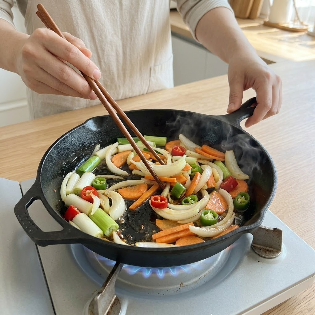 한치 오겹살 볶음 달군 팬에 식용유 둘러 채소 먼저 볶는 장면