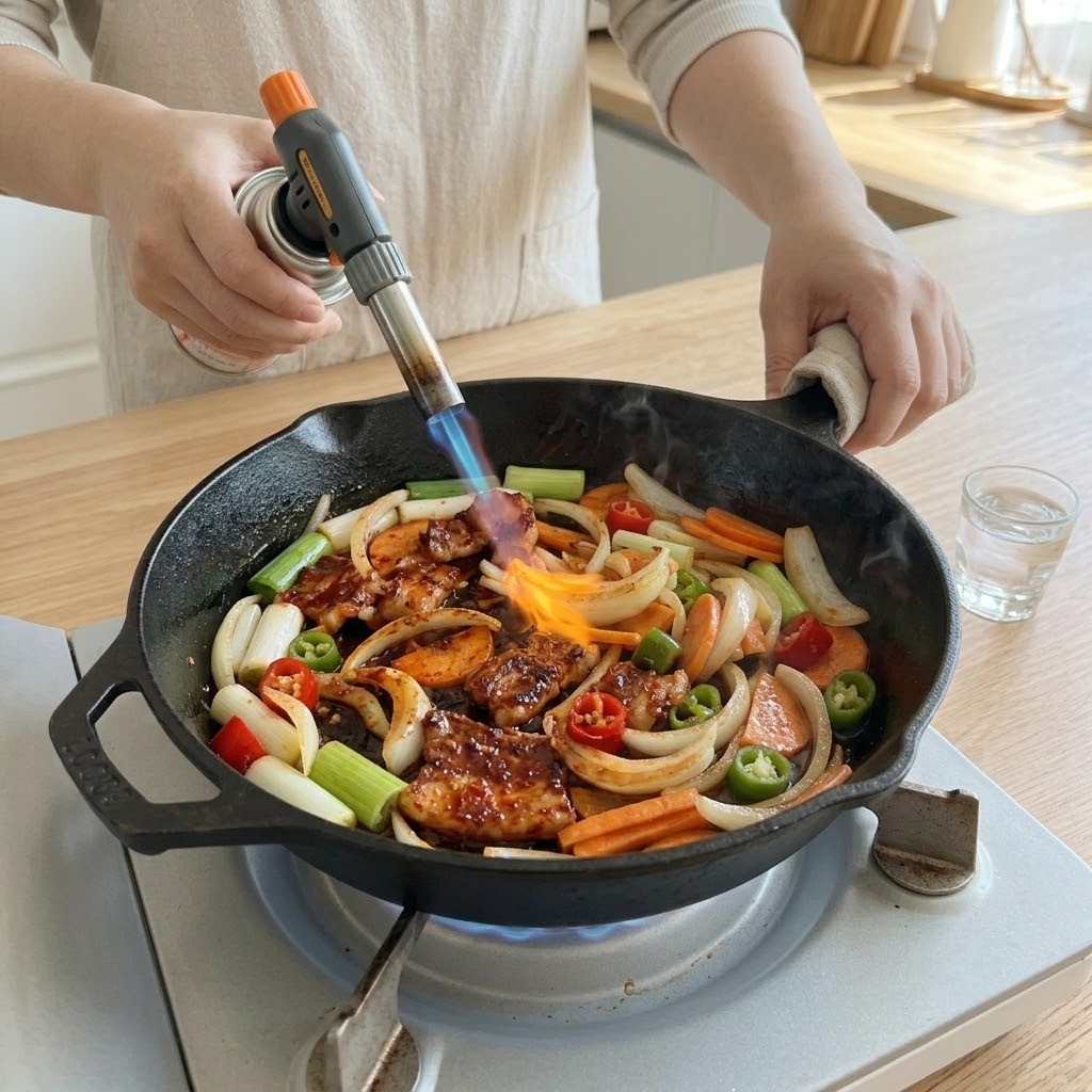 한치 오겹살 볶음 토치로 고기를 그을려 불맛을 입히는 조리 과정