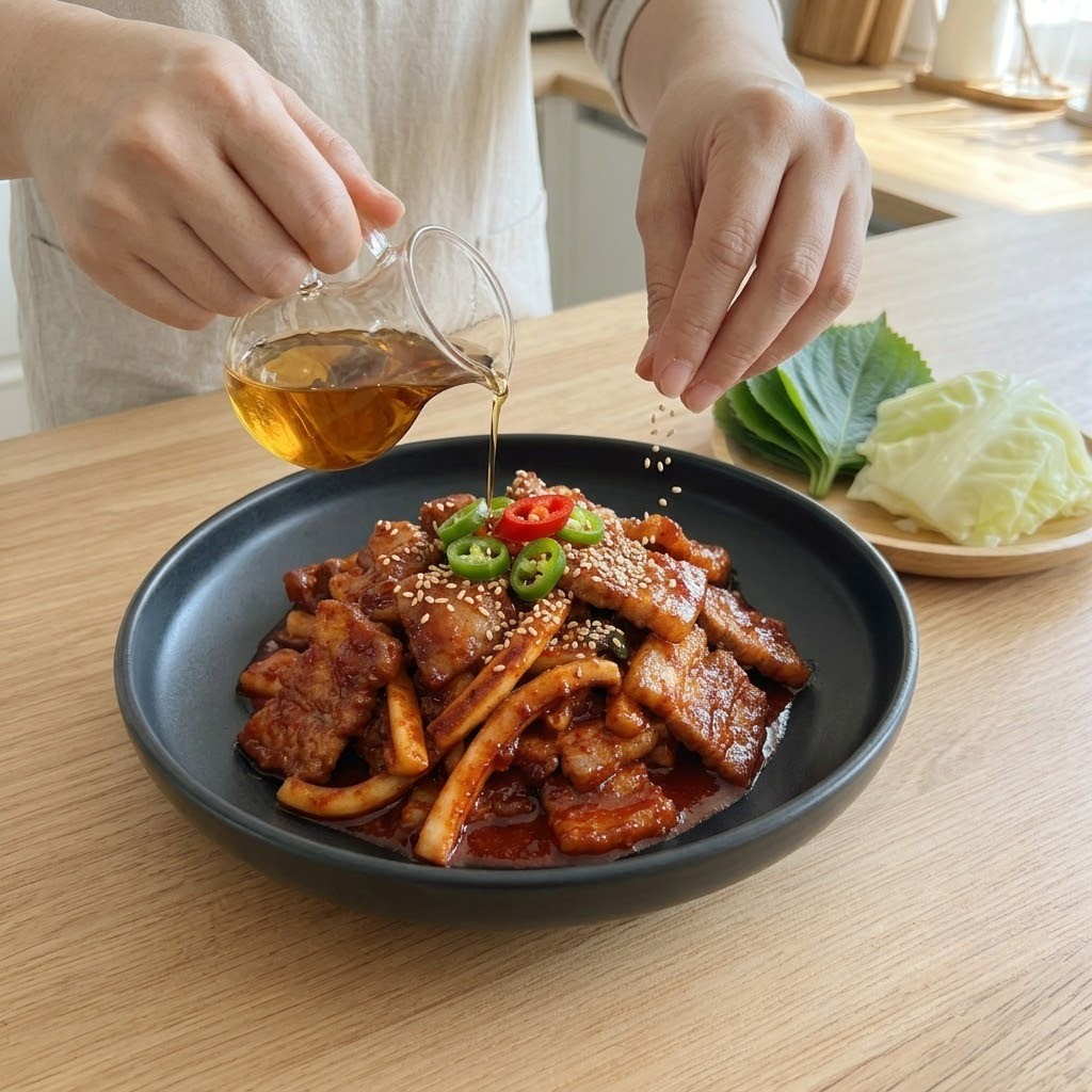 한치 오겹살 볶음 참기름을 두르고 통깨를 뿌려 완성한 요리