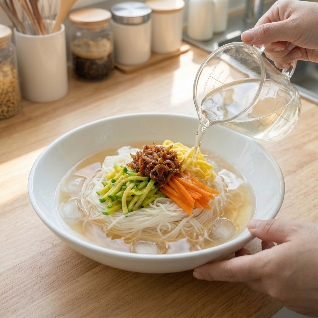 이찬원 냉잔치국수 시원한 육수를 붓고 김가루와 깨를 뿌려 마무리하는 모습