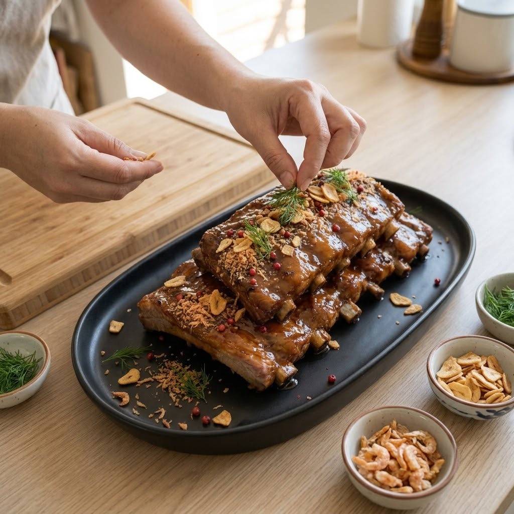 등갈비 강정 보리새우 마늘칩 가루와 딜을 얹어 완성한 모습