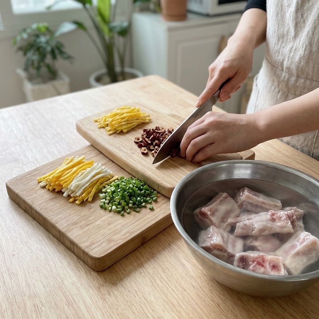 우족편육에 들어갈 달걀 지단과 쪽파, 건대추를 나무 도마 위에서 곱게 썰고 있는 모습