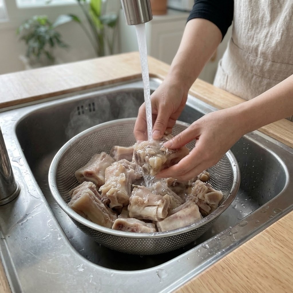 우족편육 조리를 위해 초벌로 삶아낸 우족을 흐르는 물에 깨끗하게 씻어내는 장면