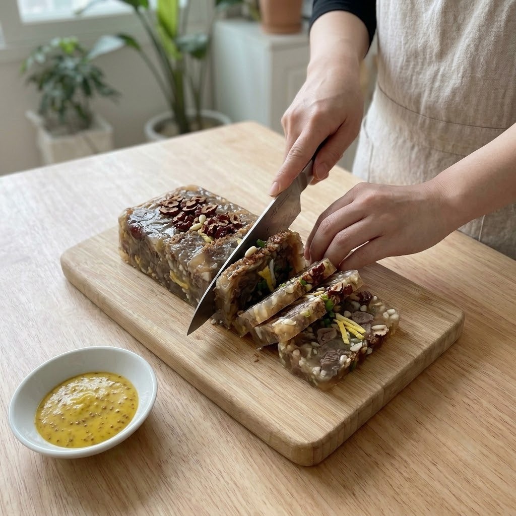 단단하게 굳은 우족편육을 도마 위에서 일정한 두께로 얇게 썰어내는 모습