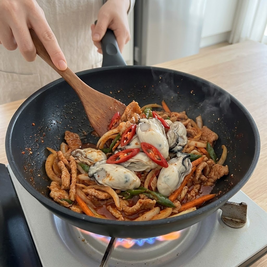 굴 두루치기 매콤하게 볶아진 돼지고기와 채소 위에 데친 굴을 넣고 빠르게 버무리는 모습