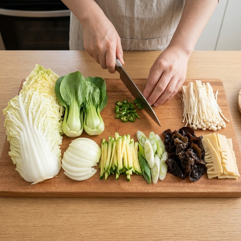 굴짬뽕탕 재료인 알배추, 양파, 애호박, 청경채, 목이버섯을 도마 위에서 먹기 좋게 썰어 준비한 모습