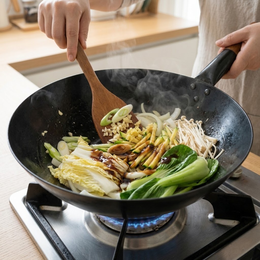 굴짬뽕탕을 만들기 위해 달궈진 웍에 파, 마늘, 생강 기름을 내고 배추와 청경채 등 채소에 굴소스를 넣어 센 불에 볶는 모습