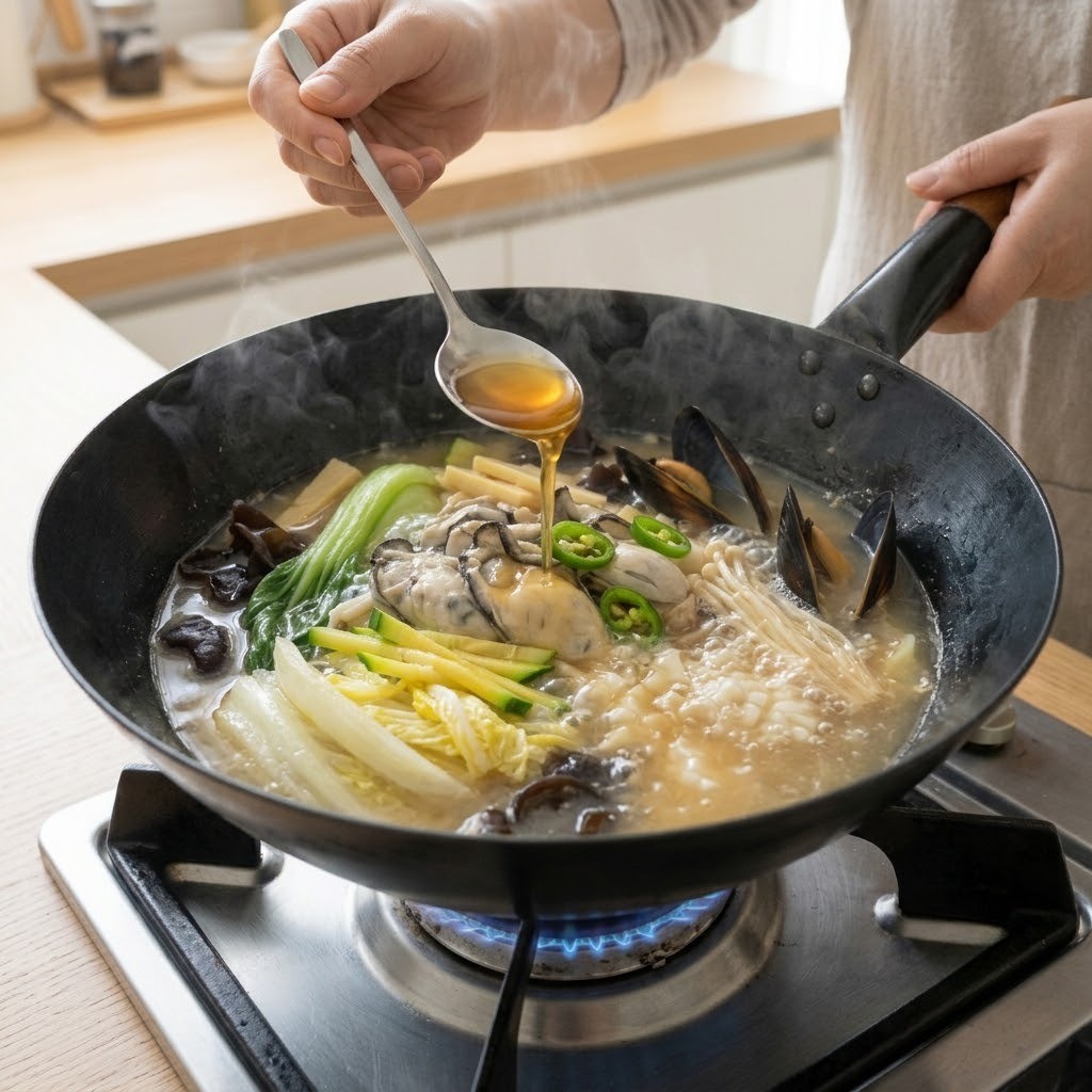 굴짬뽕탕 웍에 홍합과 물, 목이버섯, 죽순채를 넣고 홍합이 입을 벌릴 때까지 팔팔 끓이며 육수 간을 맞추는 모습