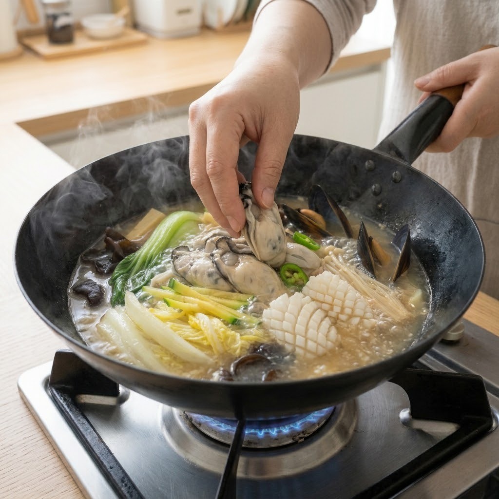팔팔 끓는 굴짬뽕탕 국물에 손질한 생굴과 칼집 낸 오징어를 넣고 통통하게 익도록 한소끔 끓여 완성하는 모습