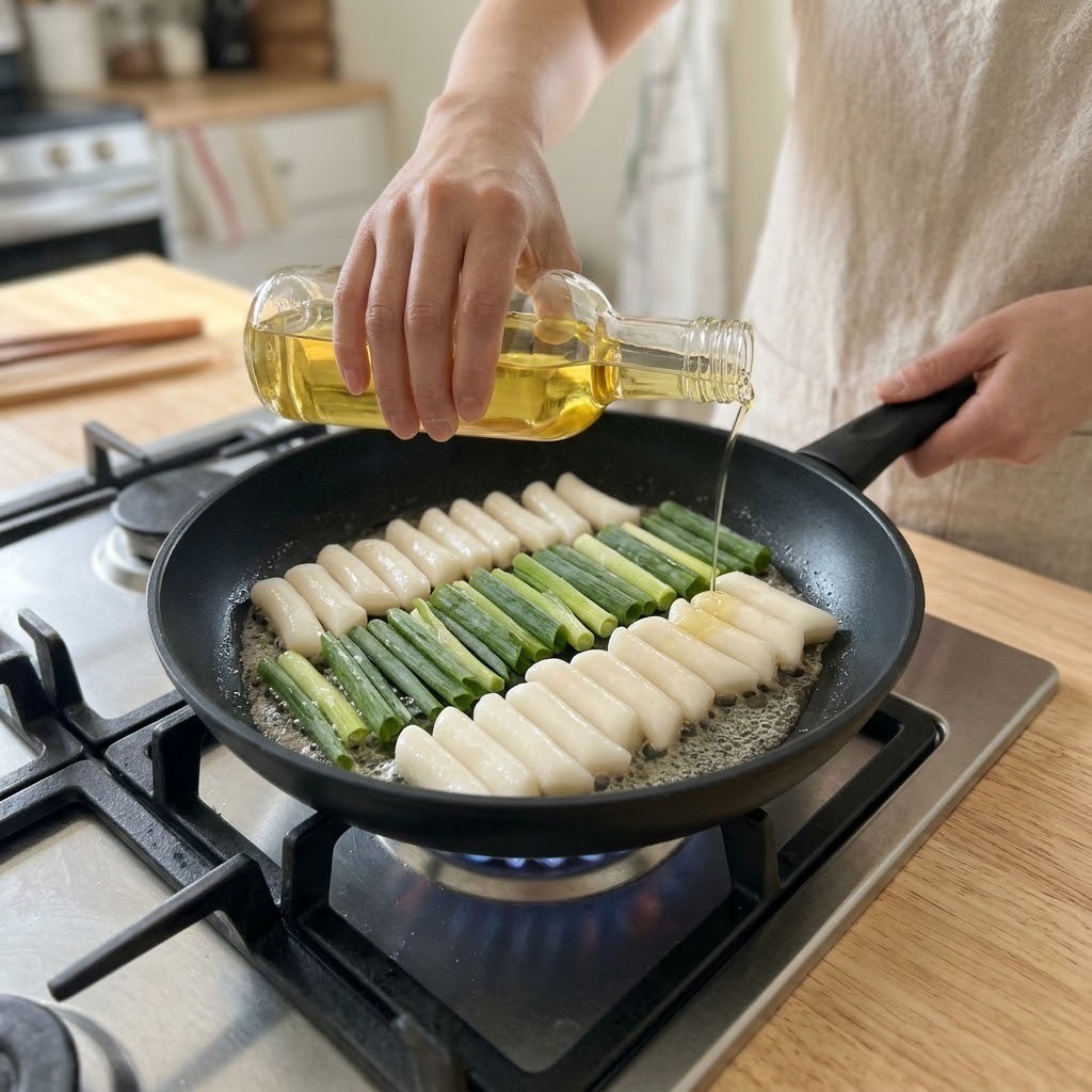 한판 떡꼬치 차가운 팬에 떡과 대파를 안쳐 기름에 튀기는 모습