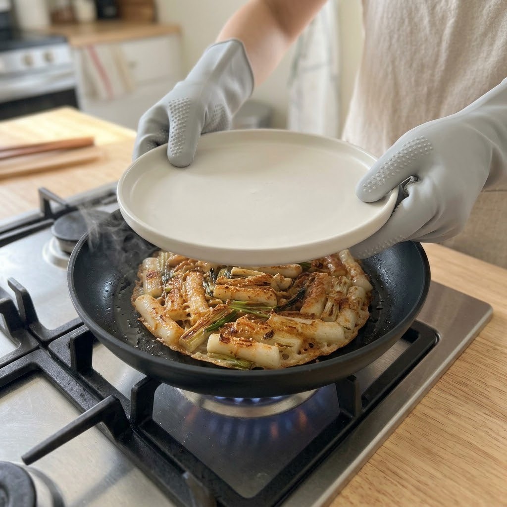 한판 떡꼬치 접시를 팬 위에 덮어 안전하게 뒤집는 장면