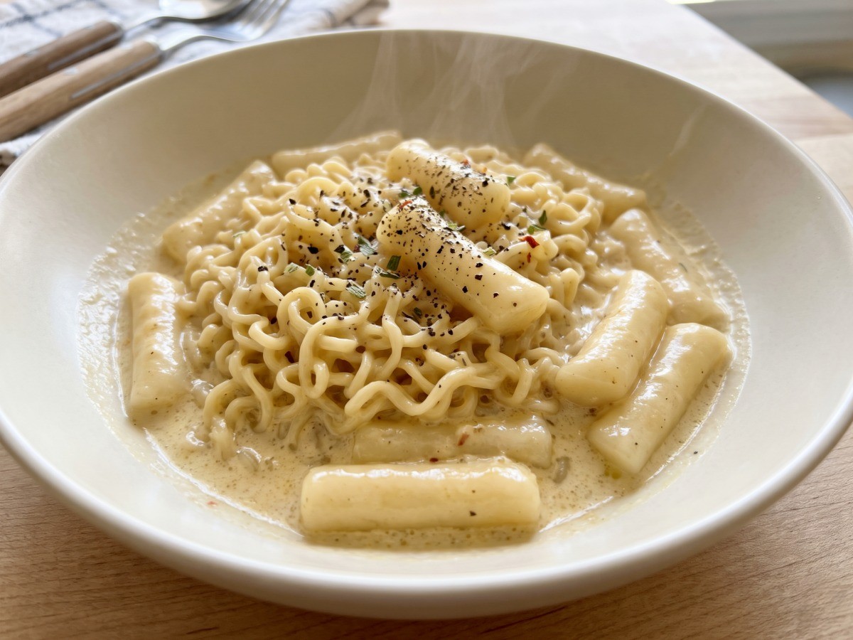 편스토랑 류수영 하얀라볶이 크리미한 국물에 밀떡과 라면 사리가 어우러진 완성 모습