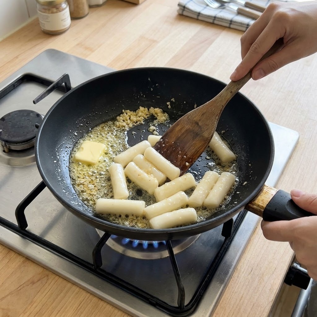 하얀라볶이 팬에 버터와 다진 마늘을 녹인 뒤 밀떡을 넣고 노릇하게 볶는 모습