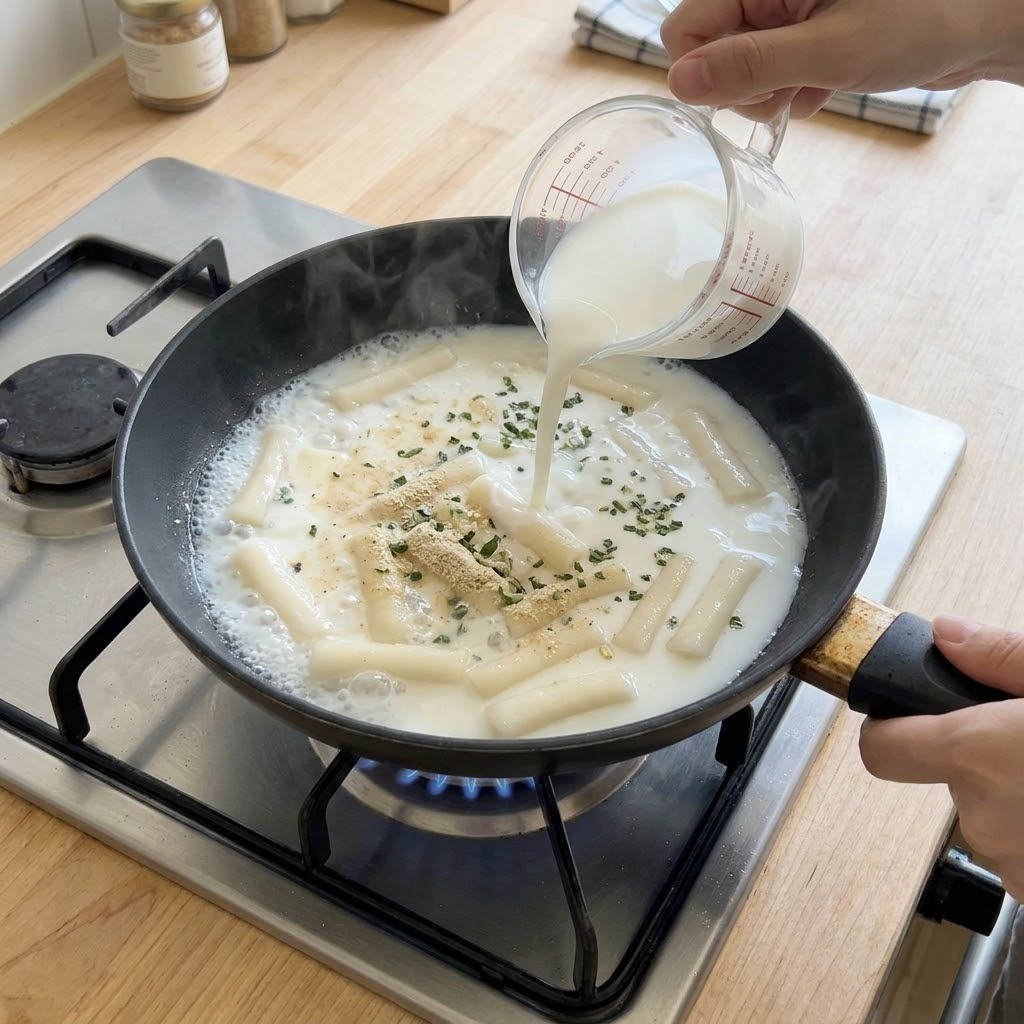 하얀라볶이 볶아진 밀떡 위에 우유와 물을 붓고 사리곰탕 스프를 넣어 끓이는 과정