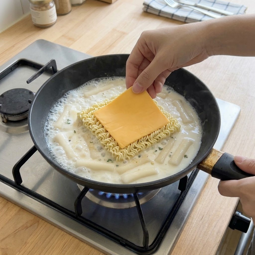 하얀라볶이 끓는 국물에 라면 사리와 노란 체다치즈 한 장을 올려 걸쭉하게 졸이는 모습