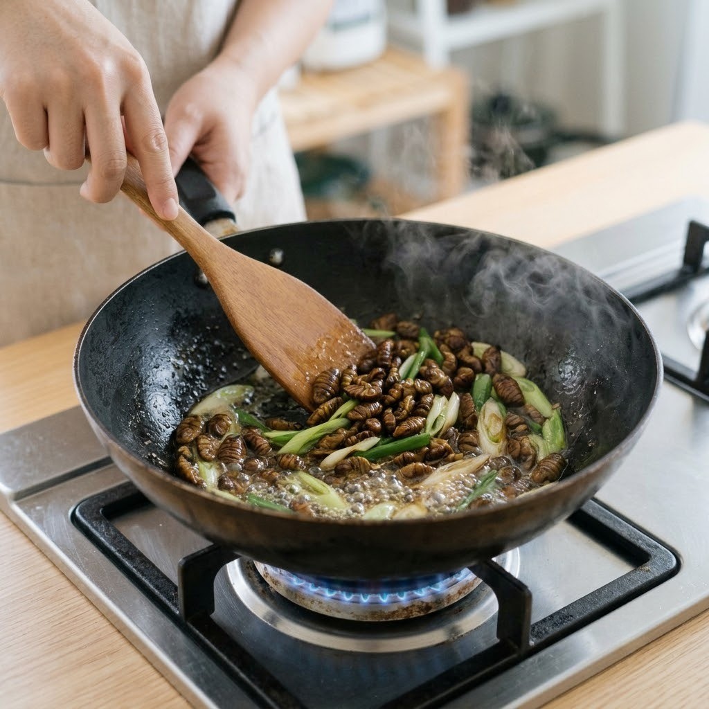 얼큰 번데기탕 파기름에 번데기를 볶으며 국간장 참치액 맛술로 간을 하는 모습