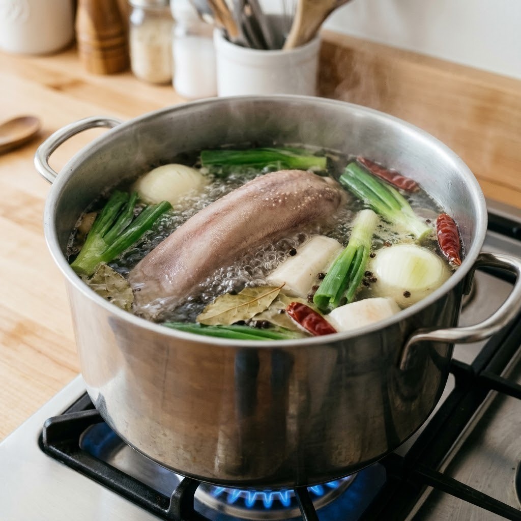 우설 수육 대파 양파 무와 함께 냄비에서 푹 끓여 삶아내는 모습