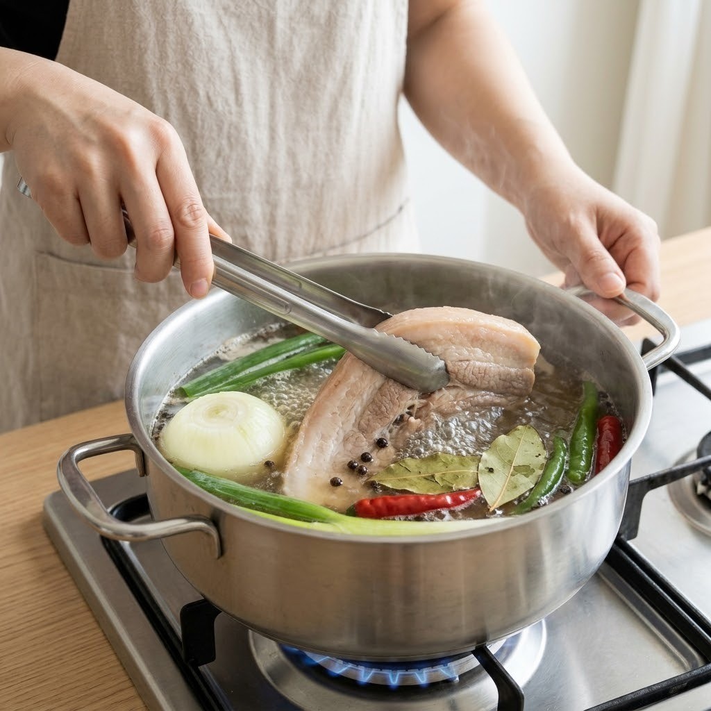 된장삼겹장아찌용 통삼겹살을 대파와 고추 등 채소와 함께 냄비에서 삶는 모습
