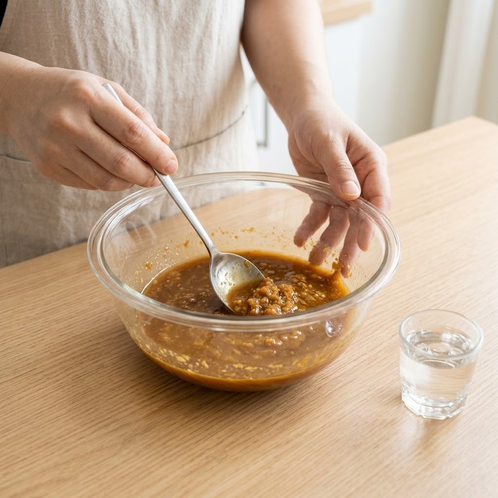 된장삼겹장아찌 양념장을 만들기 위해 유리볼에 된장과 소주를 넣고 섞는 모습