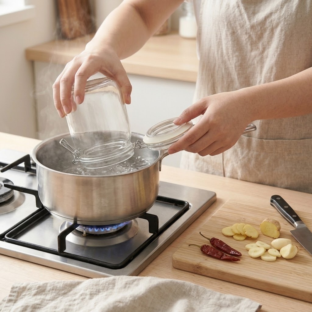 간장삼겹장아찌 유리용기 열탕 소독과 마늘 생강 편 썰기