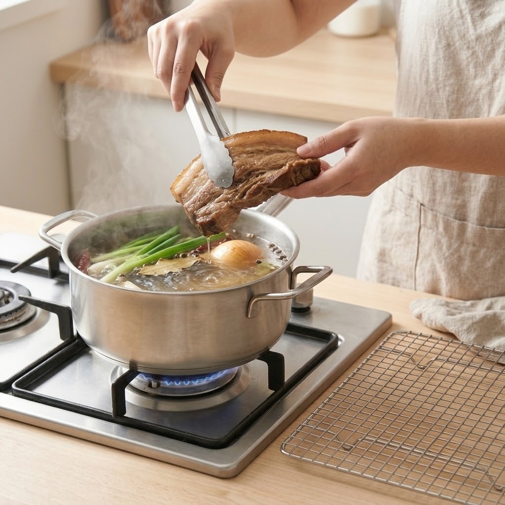 간장삼겹장아찌 냄비에 향신채와 삼겹살 삶기