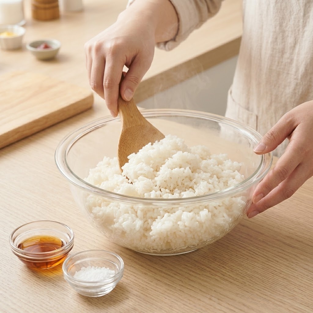 밥도그용 밥에 식초와 참기름, 맛소금을 넣어 단초밥을 만드는 과정