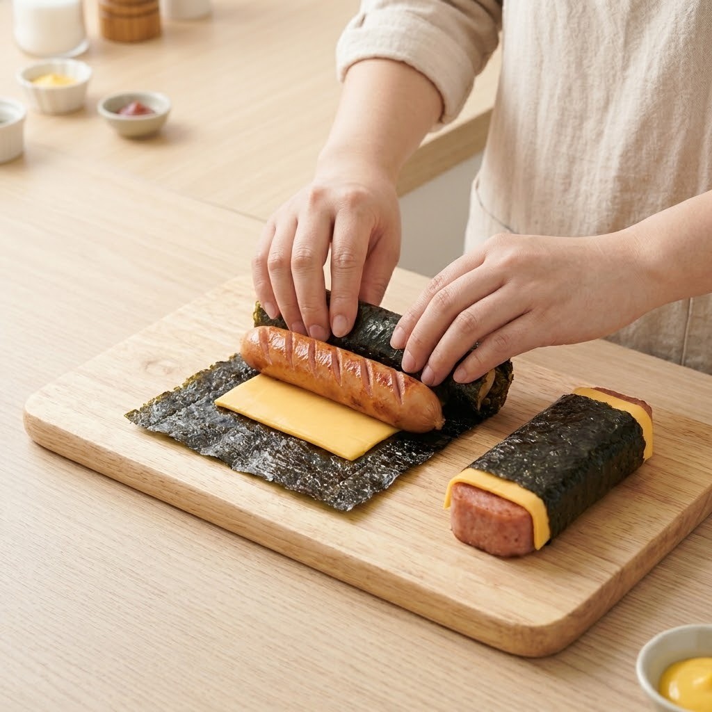 밥도그 속재료인 치즈와 소시지를 반으로 자른 김 위에 올려 돌돌 마는 모습