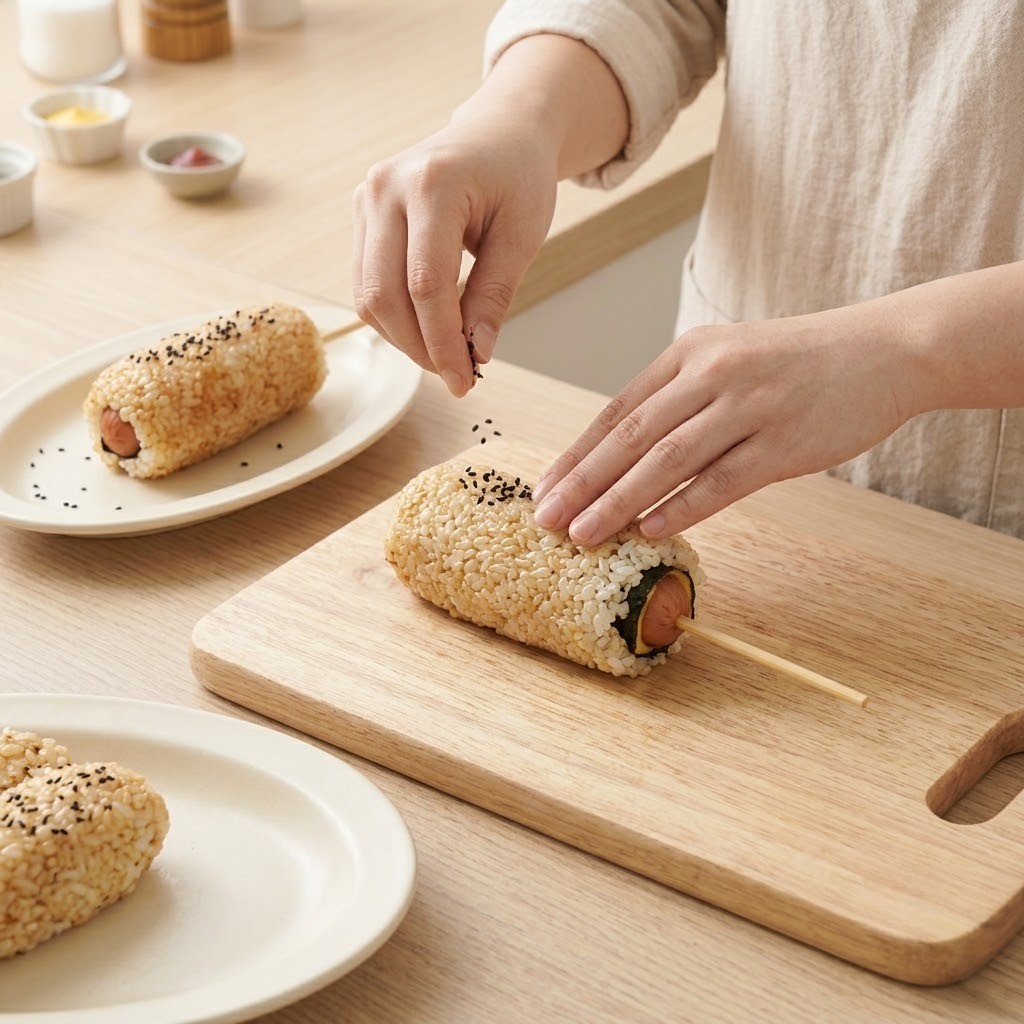 밥도그 모양으로 밥을 뭉친 뒤 꼬치를 꽂고 검은깨를 뿌려 완성하는 모습