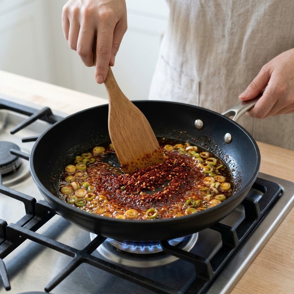 불맛제육기름떡볶이 팬에 끓인 대파 기름과 고춧가루를 섞어 고추기름을 내는 모습