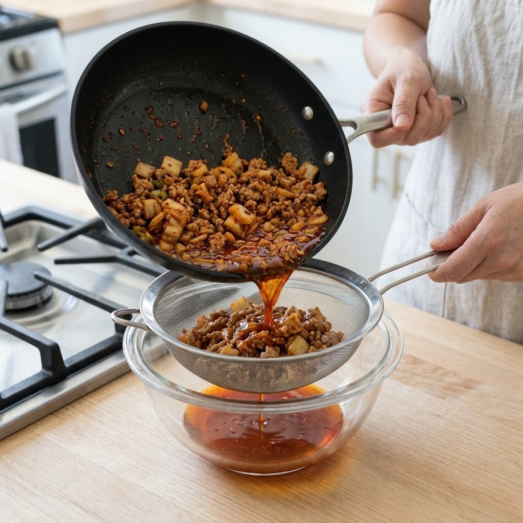 불맛제육기름떡볶이 고추기름에 돼지고기 다짐육과 다진 김치를 넣고 볶는 모습