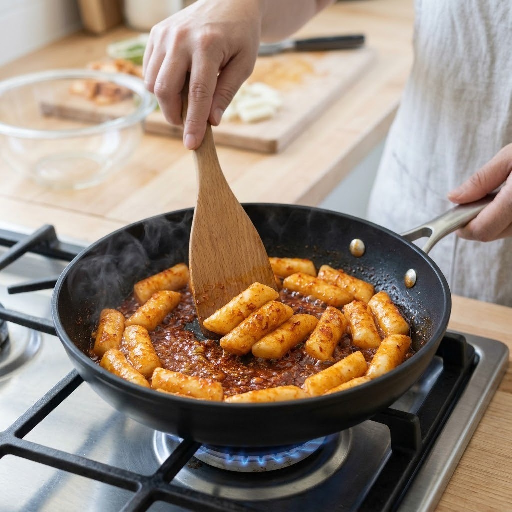 불맛제육기름떡볶이 팬의 붉은 양념 기름에 쌀떡을 넣고 바삭하게 튀기는 모습