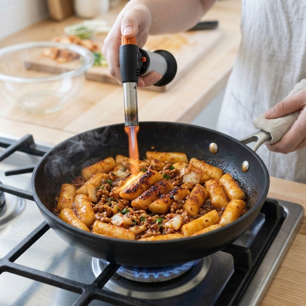 불맛제육기름떡볶이에 토치로 불맛을 입혀 영양부추 위에 담아 완성하는 모습