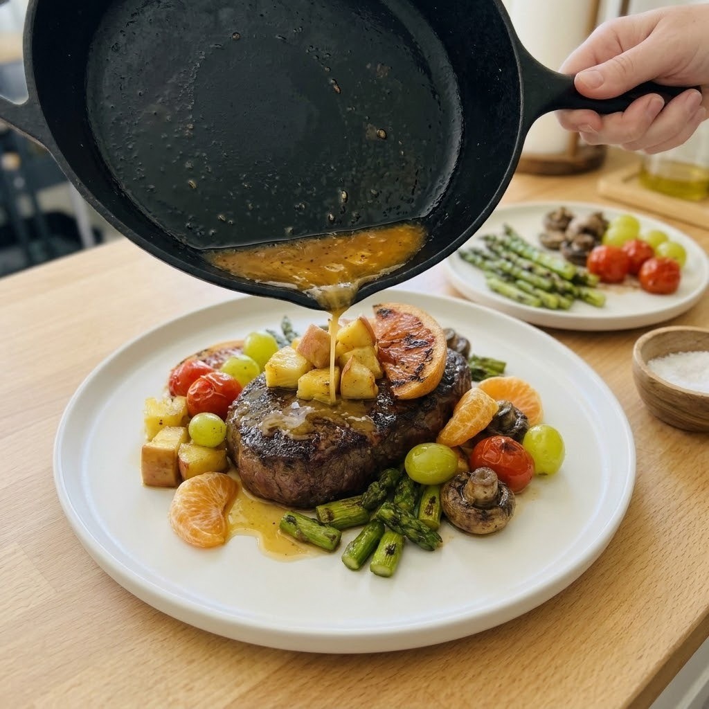 과일 스테이크를 접시에 담고 팬에 남은 과일즙 소스를 고기 위에 끼얹는 모습