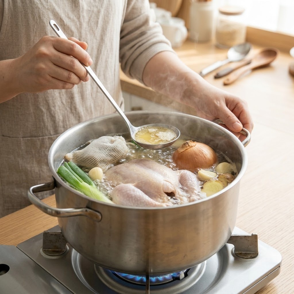 보말 닭곰탕 냄비에 통닭과 약재 주머니, 채소를 넣고 끓이며 국자로 기름기를 걷어내는 모습