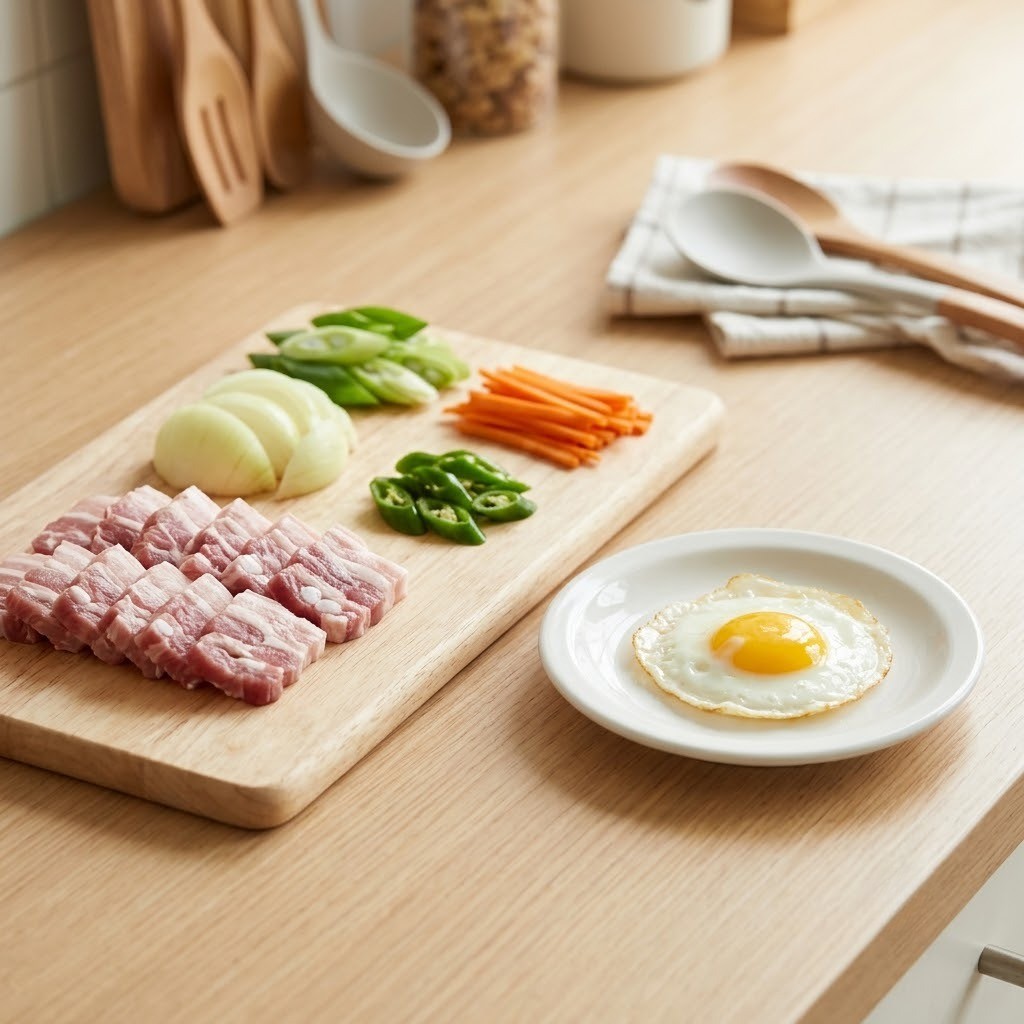 탐라오겹덮밥 한입 크기로 썬 오겹살과 채소 손질 및 계란 프라이