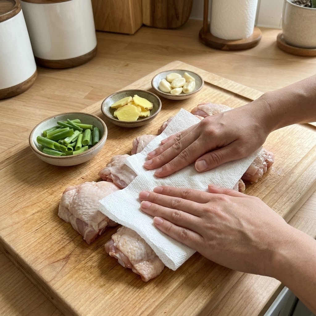 갈비치킨 닭고기 물기를 닦고 채소를 써는 재료 손질 과정