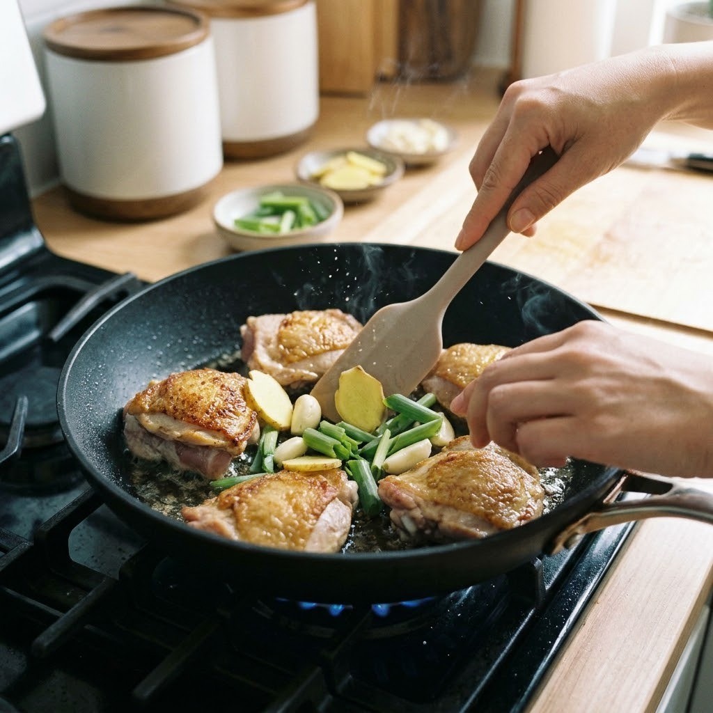 갈비치킨 팬에 생강과 마늘 대파를 넣고 함께 볶는 조리 모습